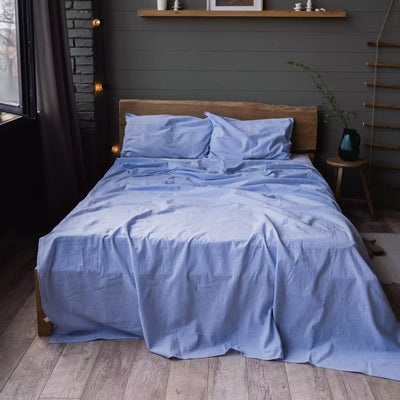 Parure de lit en lin et coton avec drap plat 190x270 en mélange bleu