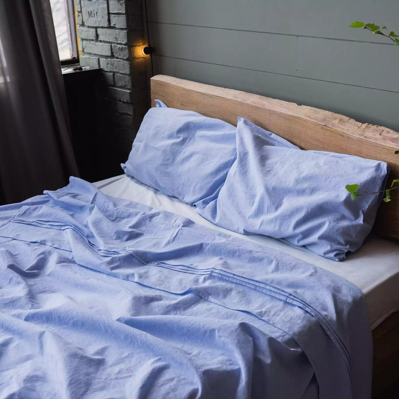Parure de lit en lin et coton avec drap plat 190x270 en mélange bleu