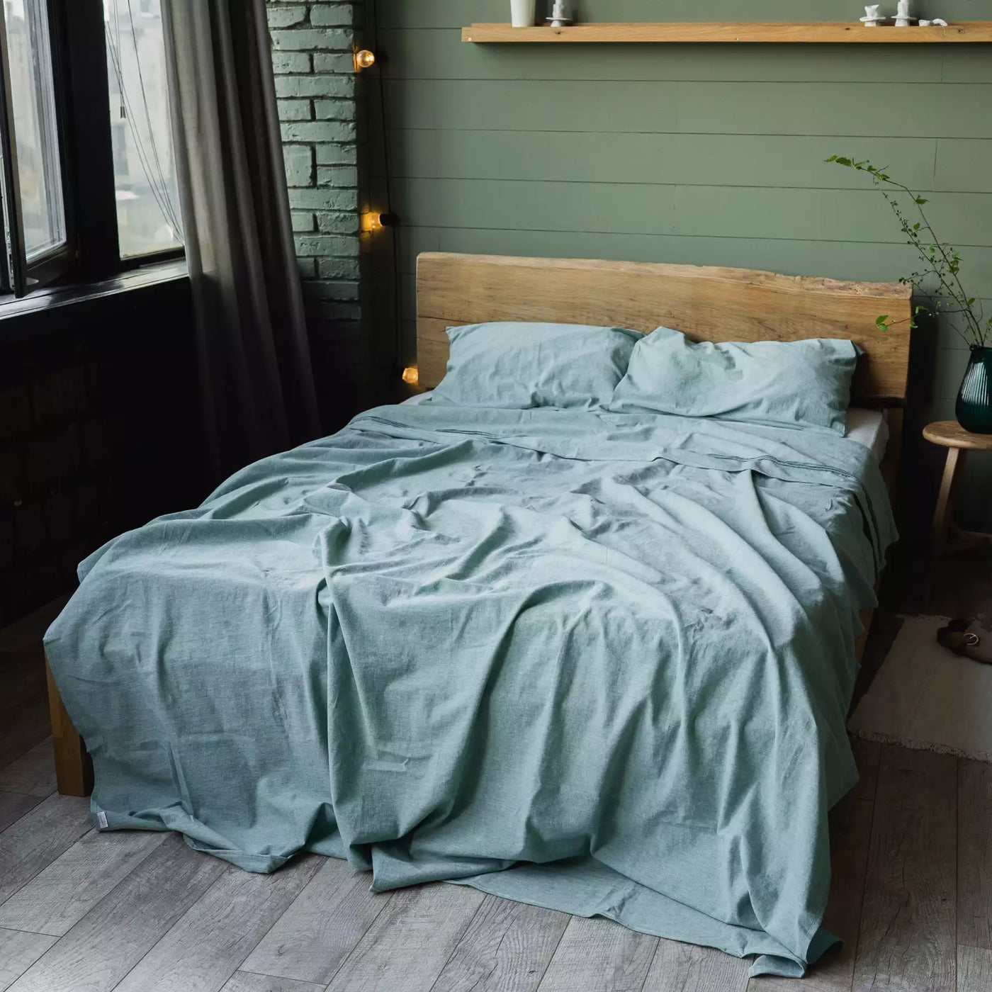 Linen & Cotton Bedding set with Flat sheet 240x270 in Mint Melange