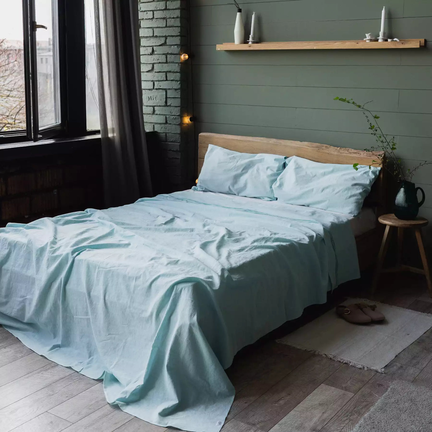 Linen & Cotton Bedding set with Duvet cover 200x200 in Turquoise Melange