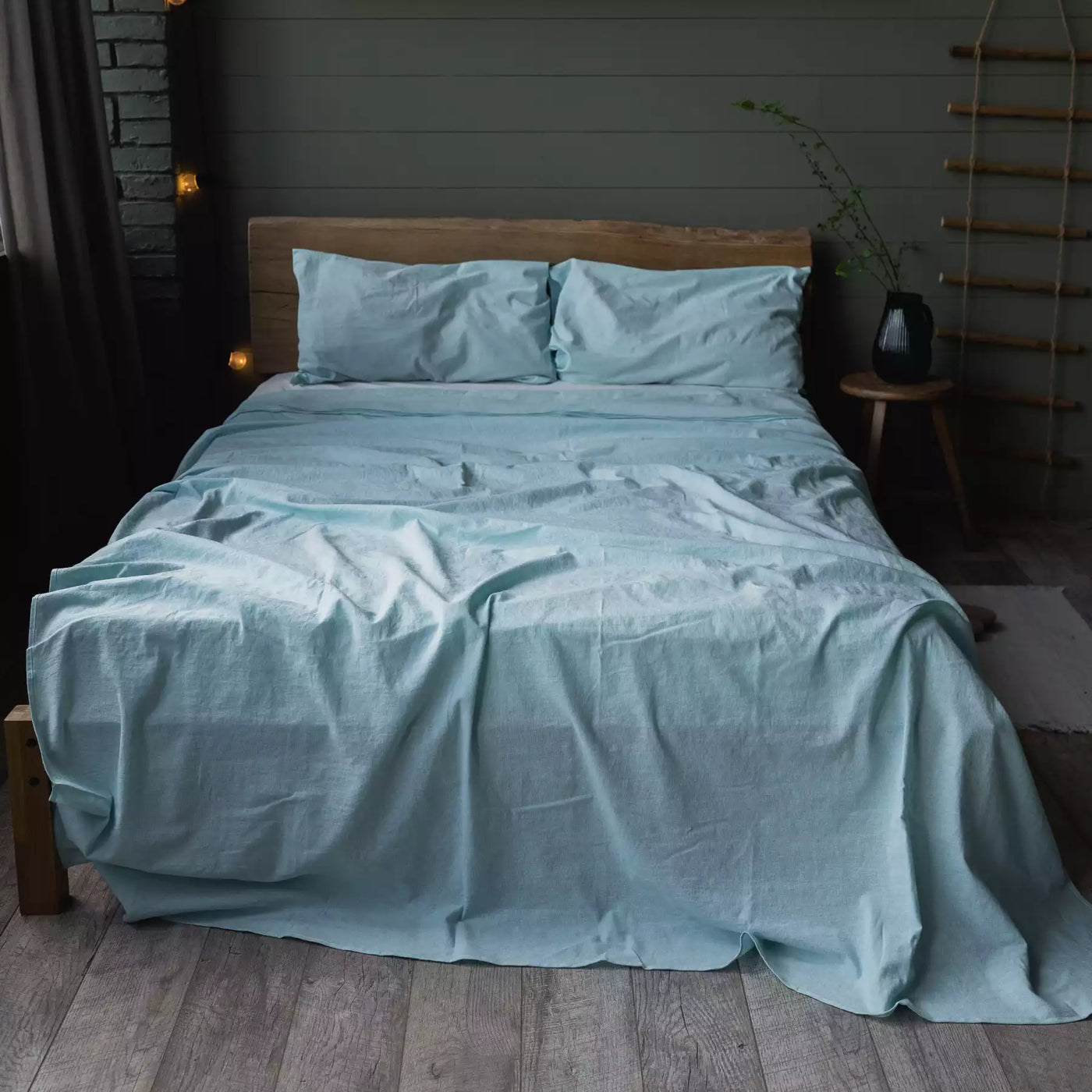 Linen & Cotton Bedding set with Duvet cover 200x200 in Turquoise Melange