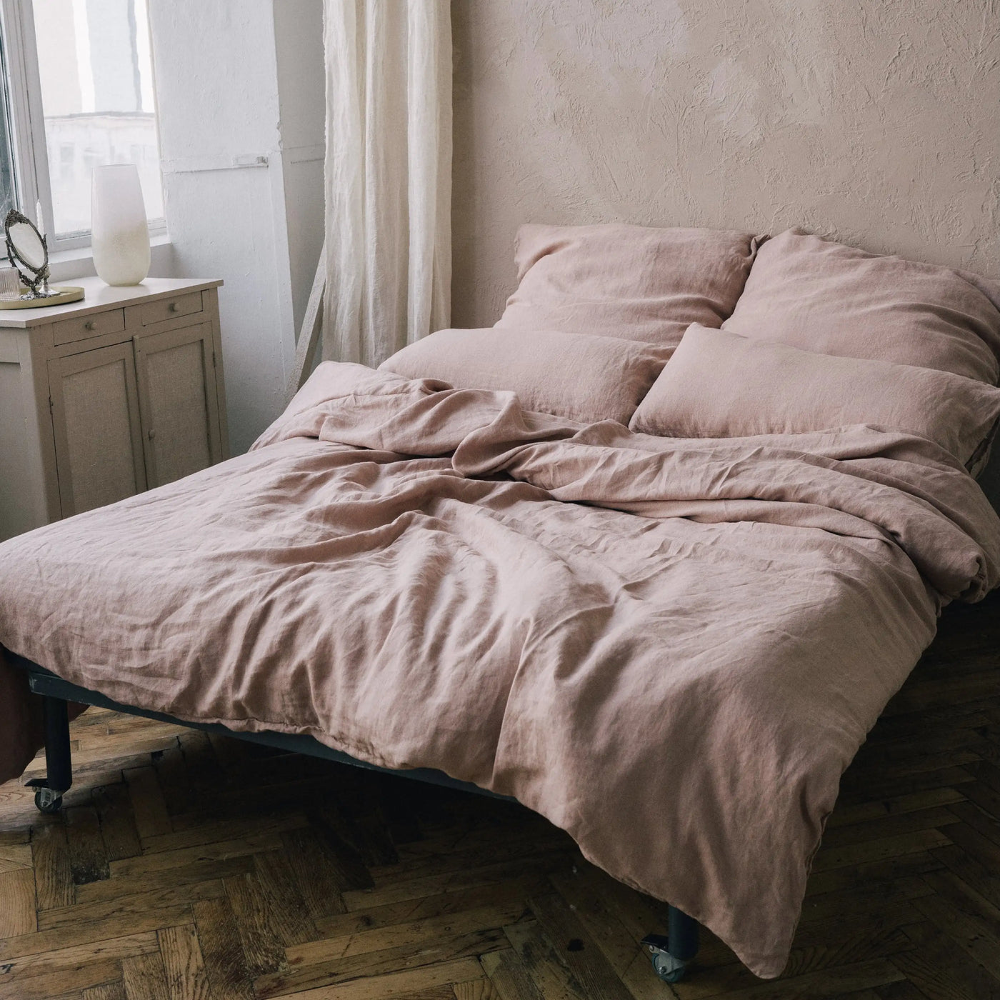 Linen Bedding set with Flat sheet 240x270 in Coral tide