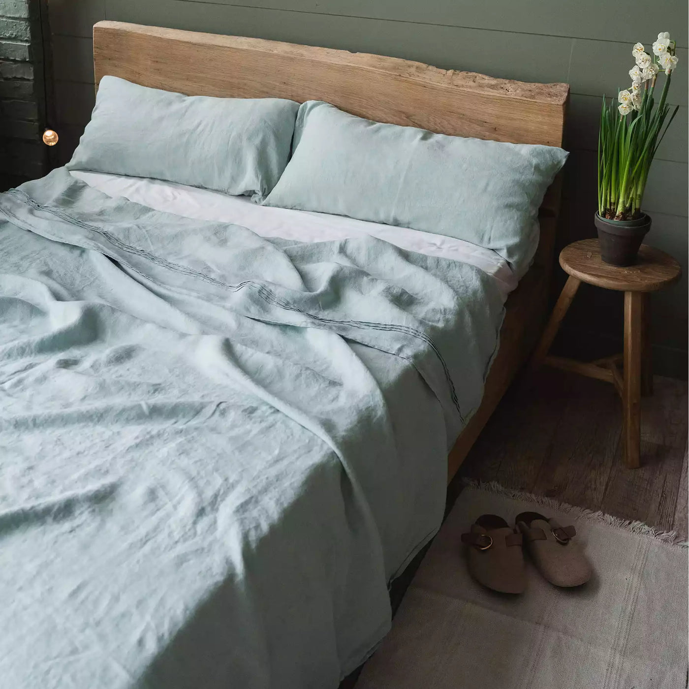 Parure de lit en lin avec drap plat 190х270 en vert menthe