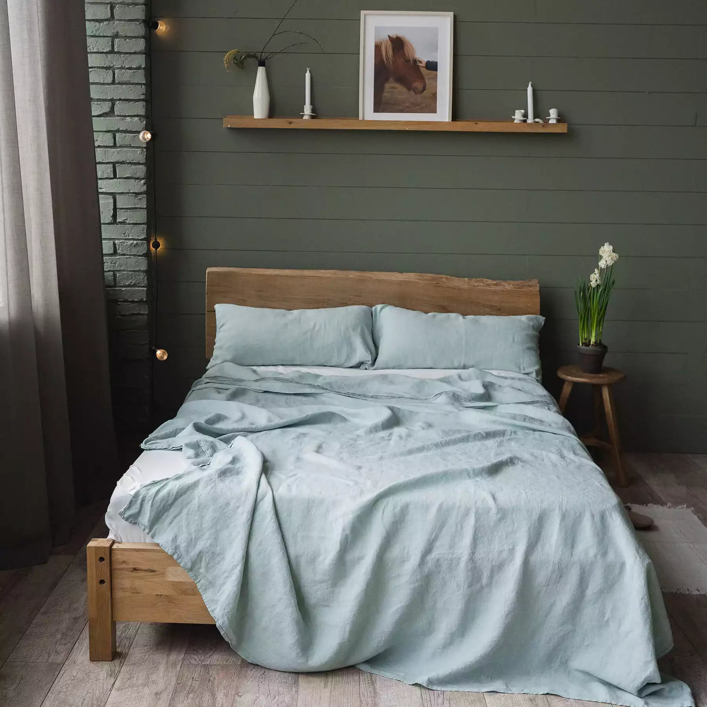 Parure de lit en lin avec drap plat 190х270 en vert menthe