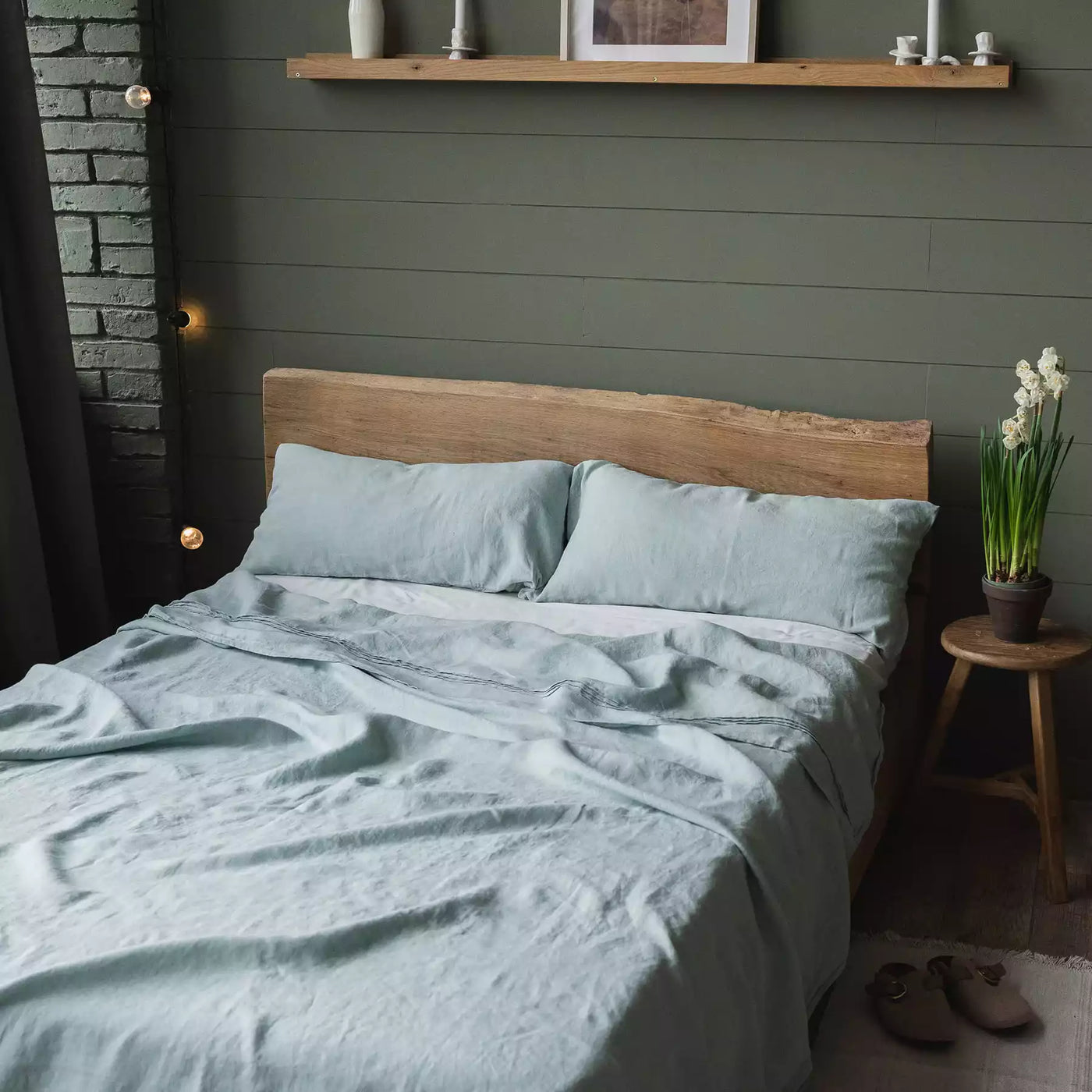 Parure de lit en lin avec drap plat 190х270 en vert menthe